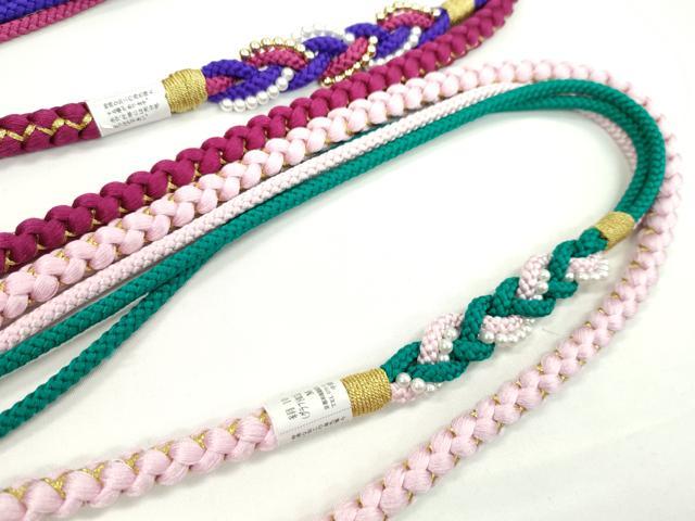 平和屋着物▼和装小物 帯締め3本セット 振袖用 飾り付き パール 花 真朱色 撫子色 クラレット 金糸 逸品 未使用 CABJ1258ju