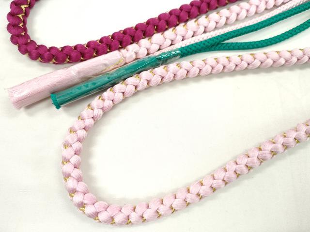 平和屋着物▼和装小物 帯締め3本セット 振袖用 飾り付き パール 花 真朱色 撫子色 クラレット 金糸 逸品 未使用 CABJ1258ju