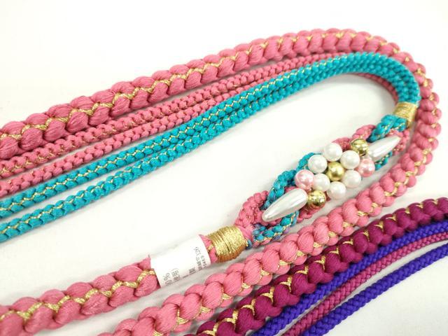 平和屋着物▼和装小物 帯締め3本セット 振袖用 飾り付き パール 花 真朱色 撫子色 クラレット 金糸 逸品 未使用 CABJ1258ju