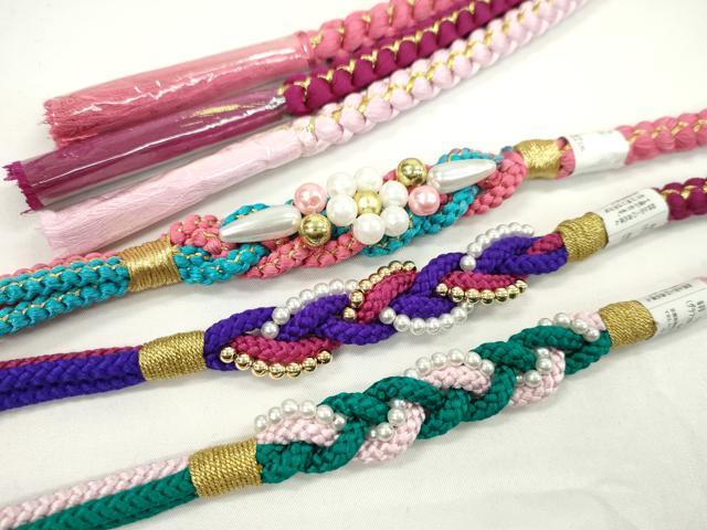 平和屋着物▼和装小物 帯締め3本セット 振袖用 飾り付き パール 花 真朱色 撫子色 クラレット 金糸 逸品 未使用 CABJ1258ju