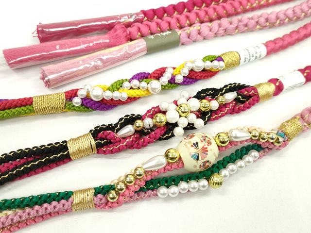 平和屋着物▼和装小物 帯締め3本セット 振袖用 飾り付き 飾り玉 パール 薄紅梅 今様色 真紅 金糸 逸品 未使用 CABJ1259ju