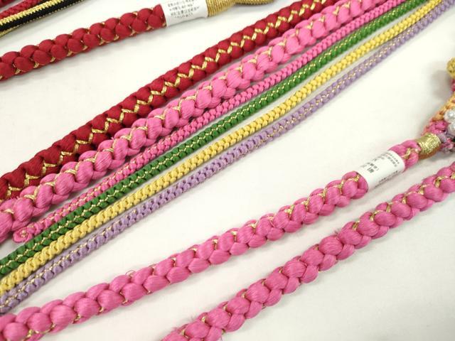 平和屋着物▼和装小物 帯締め3本セット 振袖用 飾り付き 飾り玉 パール 花 朱・緋 牡丹色 金糸 逸品 未使用 CABJ1265ju