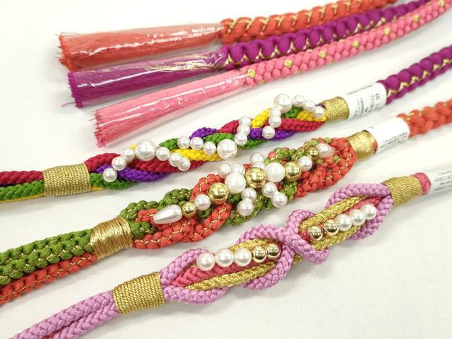 平和屋着物▼和装小物 帯締め3本セット 振袖用 飾り付き パール 薔薇色 紫 緋色 金糸 逸品 未使用 CABJ1266ju