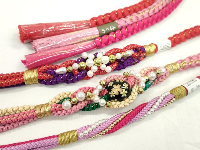 平和屋着物▼和装小物 帯締め3本セット 振袖用 飾り付き 飾り玉 パール マゼンタ 鴇色 紅緋色 金糸 逸品 未使用 CABJ1267ju