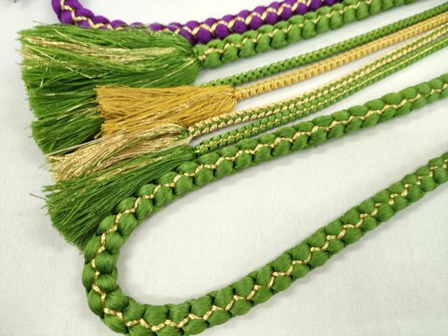 平和屋着物▼和装小物 帯締め3本セット 振袖用 飾り付き 飾り玉 パール 赤 紫 松葉色 金糸 逸品 CABJ1331ju