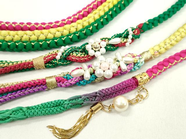 平和屋着物▼和装小物 帯締め3本セット 振袖用 飾り付き パール 花 マゼンタ 緑 金糸雀色 金糸 逸品 CABJ1346ju