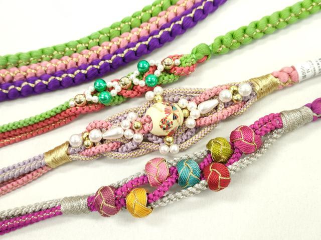 平和屋着物▼和装小物 帯締め3本セット 振袖用 飾り付き パール 飾り玉 小田巻き 紫 桃色 鶸萌黄色 金銀糸 逸品 CABJ1349ju