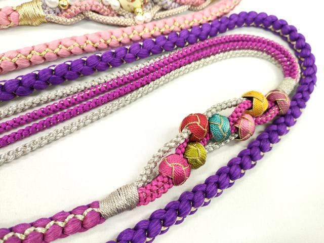 平和屋着物▼和装小物 帯締め3本セット 振袖用 飾り付き パール 飾り玉 小田巻き 紫 桃色 鶸萌黄色 金銀糸 逸品 CABJ1349ju