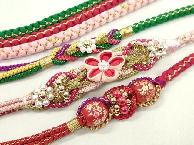 平和屋着物▼和装小物 帯締め3本セット 振袖用 飾り付き つまみ細工 パール 飾り玉 鴇色 赤 緑 金糸 逸品 CABJ1354ju