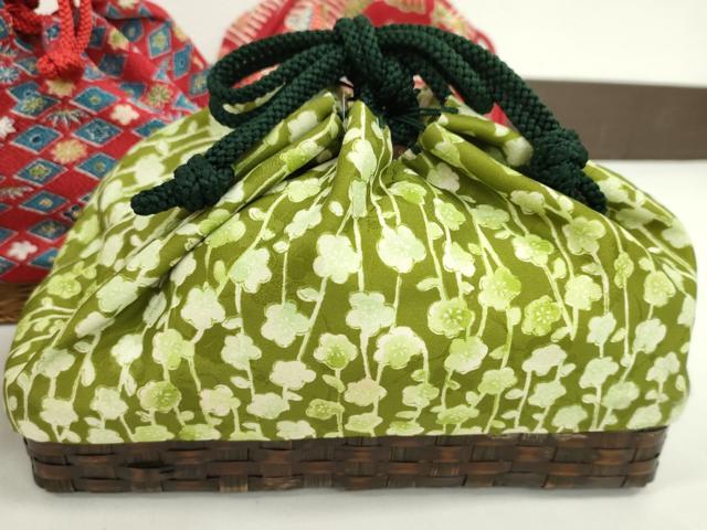 平和屋着物▼夏物 和装小物 和装バッグ 籠巾着まとめて5点 浴衣 縮緬 枝梅 扇梅文 舞花文など 逸品 CABJ1492ju