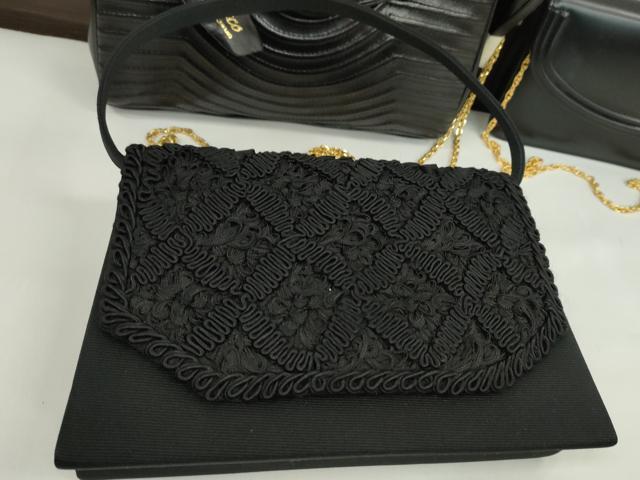 平和屋着物▼和装小物 ファッション小物 黒バッグまとめて4点 型押し 本皮 カワノバッグ Moresco コード刺繍 逸品 CABJ1498ju
