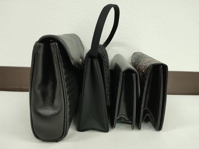 平和屋着物▼和装小物 ファッション小物 黒バッグまとめて4点 型押し 本皮 カワノバッグ Moresco コード刺繍 逸品 CABJ1498ju