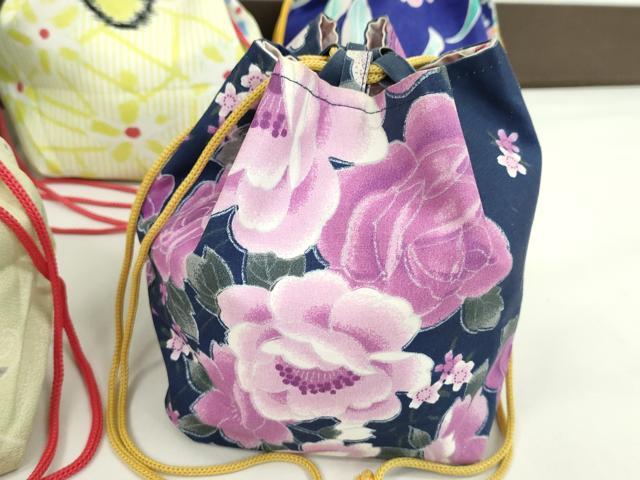 平和屋着物▼和装小物 和装バッグ 巾着まとめて5点 浴衣 花 リバーシブル 綿 縮緬など 逸品 CABJ1499ju