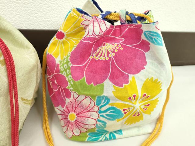 平和屋着物▼和装小物 和装バッグ 巾着まとめて5点 浴衣 うさぎ 花 リバーシブル 綿 逸品 CABJ1504ju