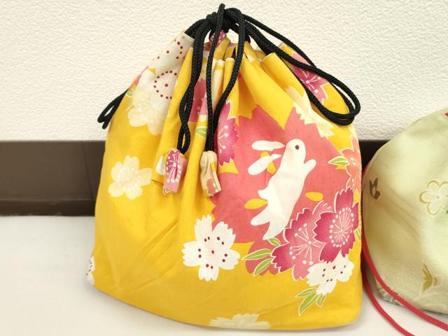 平和屋着物▼和装小物 和装バッグ 巾着まとめて5点 浴衣 うさぎ 花 リバーシブル 綿 逸品 CABJ1504ju