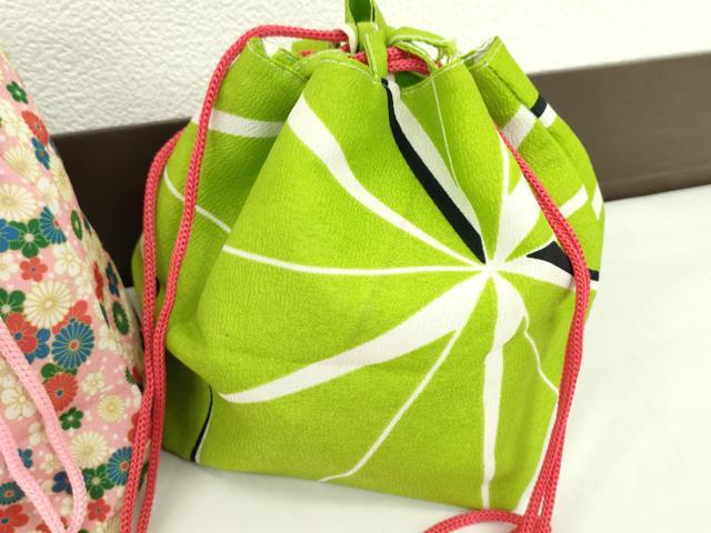 平和屋着物▼和装小物 和装バッグ 巾着まとめて5点 浴衣 うさぎ 花唐草 リバーシブル 綿 逸品 CABJ1505ju