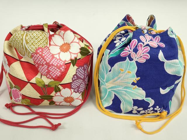 平和屋着物▼和装小物 和装バッグ 巾着まとめて5点 浴衣 花 リバーシブル 縮緬 綿など 逸品 CABJ1513ju
