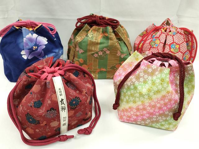 平和屋着物▼和装小物 和装バッグ 巾着まとめて5点 加賀友禅 梅菊 扇花蝶文 縮緬 綿 金彩 浴衣 袴 未使用あり 逸品CABJ1578ju