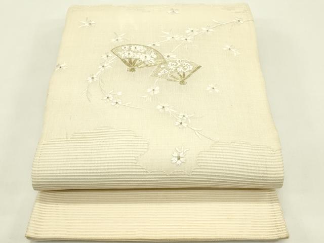 平和屋着物*夏物 太鼓柄袋帯 総刺繍 絽綴れ 扇面草花文 金糸 正絹 逸品 CABJ1639rv
