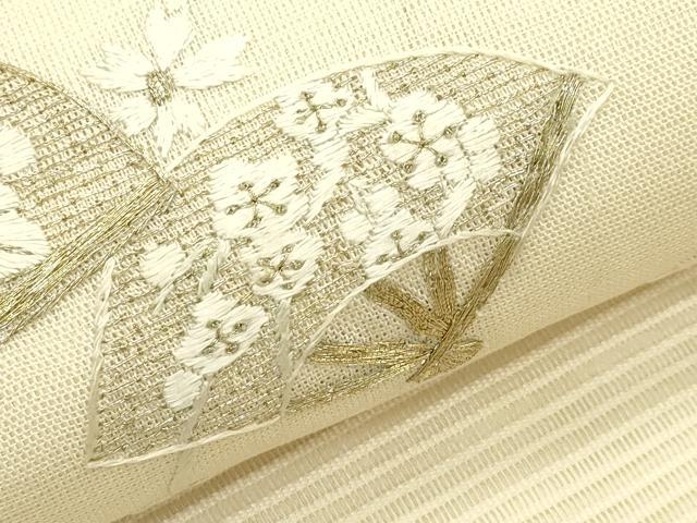 平和屋着物*夏物 太鼓柄袋帯 総刺繍 絽綴れ 扇面草花文 金糸 正絹 逸品 CABJ1639rv