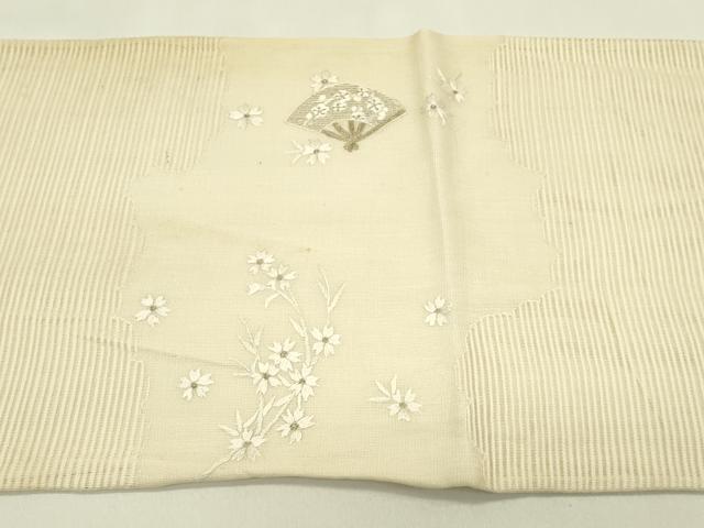 平和屋着物*夏物 太鼓柄袋帯 総刺繍 絽綴れ 扇面草花文 金糸 正絹 逸品 CABJ1639rv