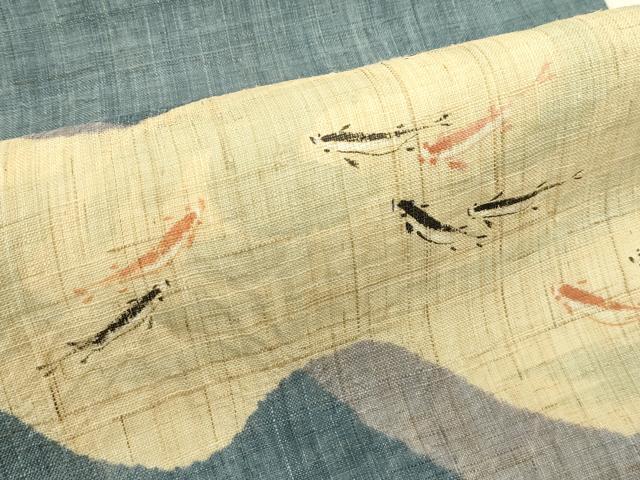 平和屋着物*夏物 染色作家 桐山紫香 手描き 九寸名古屋帯 鯉 麻 逸品 CABJ1649rv