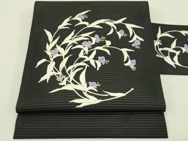 平和屋着物*夏物 絽塩瀬 九寸名古屋帯 草花文 黒地 金彩 正絹 逸品 CABJ1675rv