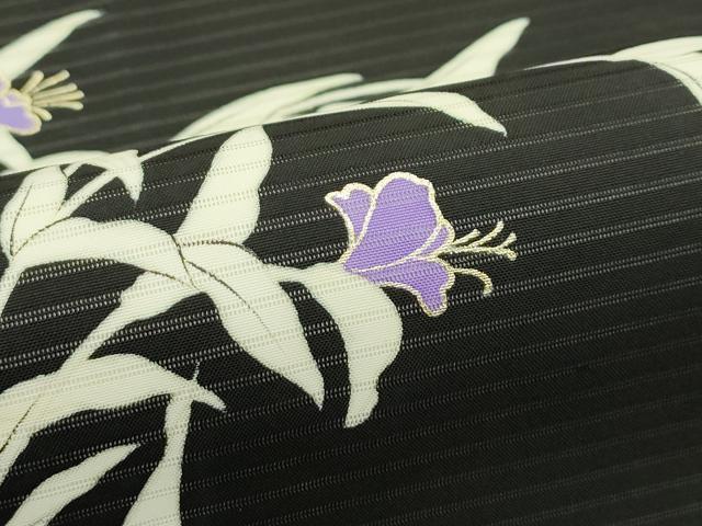 平和屋着物*夏物 絽塩瀬 九寸名古屋帯 草花文 黒地 金彩 正絹 逸品 CABJ1675rv