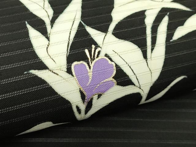 平和屋着物*夏物 絽塩瀬 九寸名古屋帯 草花文 黒地 金彩 正絹 逸品 CABJ1675rv