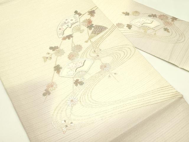 平和屋着物*夏物 九寸名古屋帯 駒刺繍 扇面流水花文 銀通し地 正絹 逸品 CABJ1700rv