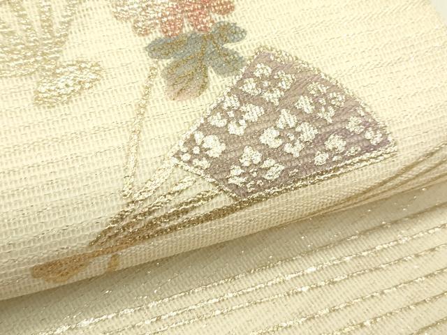 平和屋着物*夏物 九寸名古屋帯 駒刺繍 扇面流水花文 銀通し地 正絹 逸品 CABJ1700rv