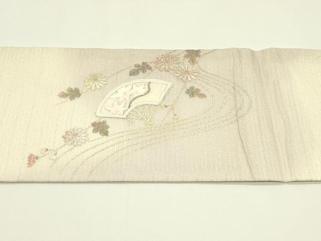 平和屋着物*夏物 九寸名古屋帯 駒刺繍 扇面流水花文 銀通し地 正絹 逸品 CABJ1700rv