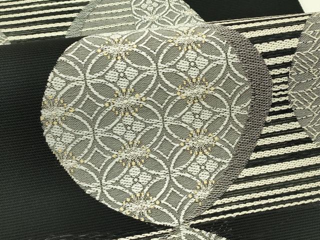平和屋着物*夏物 六通柄袋帯 矢羽七宝文 黒地 銀糸 正絹 逸品 CABJ1711rv