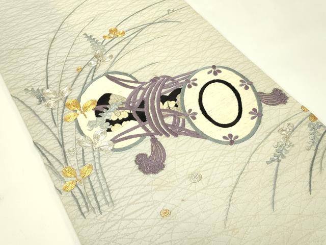 平和屋着物*夏物 アンティーク 大正ロマン 丸帯 引き抜き帯 総刺繍 駒刺繍 萩楽器文 金銀糸 正絹 逸品 CABJ1716rv