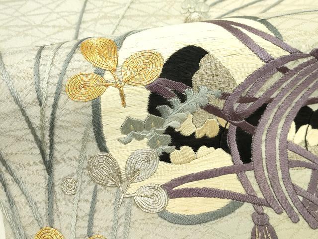 平和屋着物*夏物 アンティーク 大正ロマン 丸帯 引き抜き帯 総刺繍 駒刺繍 萩楽器文 金銀糸 正絹 逸品 CABJ1716rv