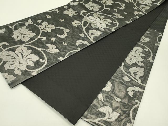 平和屋着物*夏物 六通柄袋帯 花唐草文 黒地 銀糸 さが美扱い 正絹 逸品 未使用 CABJ1761rv