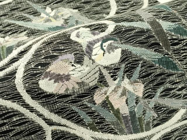 平和屋着物*夏物 太鼓柄袋帯 すくい織 杜若 鴛鴦 黒地 金銀糸 正絹 逸品 未使用 CABJ1762rv
