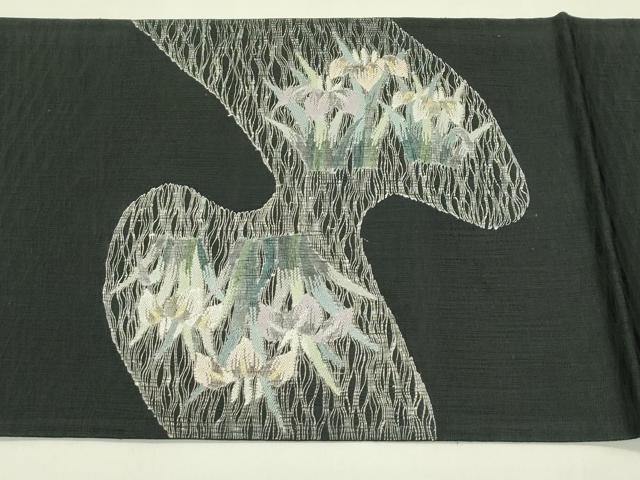 平和屋着物*夏物 太鼓柄袋帯 すくい織 杜若 鴛鴦 黒地 金銀糸 正絹 逸品 未使用 CABJ1762rv