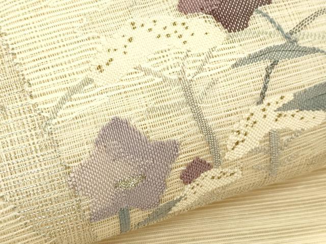 平和屋着物*夏物 太鼓柄袋帯 すくい織 色紙重ね秋草文 銀糸 正絹 逸品 CABJ1794rv