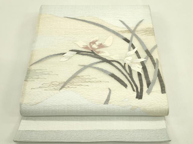平和屋着物*夏物 太鼓柄袋帯 すくい織 杜若 銀糸 正絹 逸品 未使用 CABJ1797rv