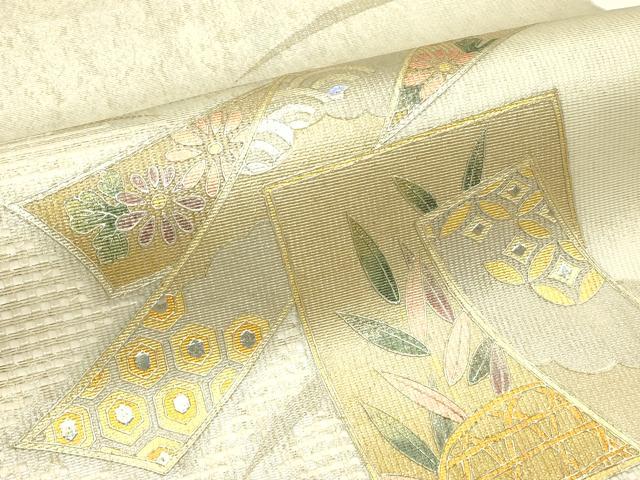 平和屋着物*夏物 太鼓柄袋帯 短冊草花文 金銀彩 正絹 逸品 CABJ1827rv