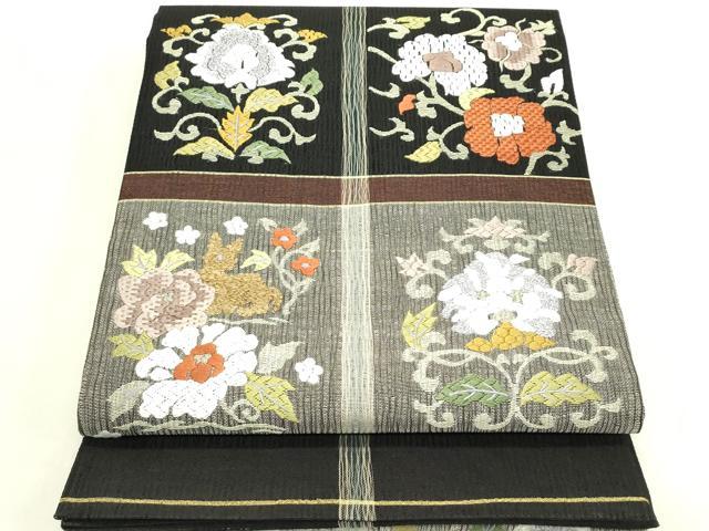 平和屋着物*夏物 太鼓柄袋帯 総刺繍 更紗唐草文 黒地 正絹 逸品 CABJ1833rv