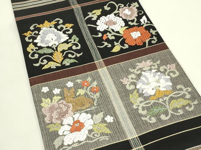 平和屋着物*夏物 太鼓柄袋帯 総刺繍 更紗唐草文 黒地 正絹 逸品 CABJ1833rv