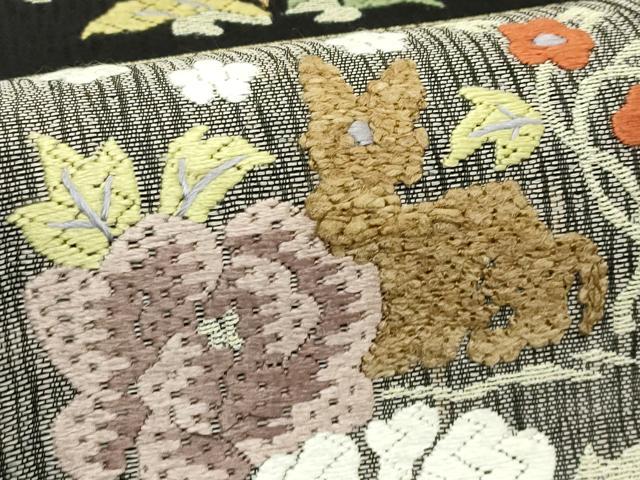 平和屋着物*夏物 太鼓柄袋帯 総刺繍 更紗唐草文 黒地 正絹 逸品 CABJ1833rv