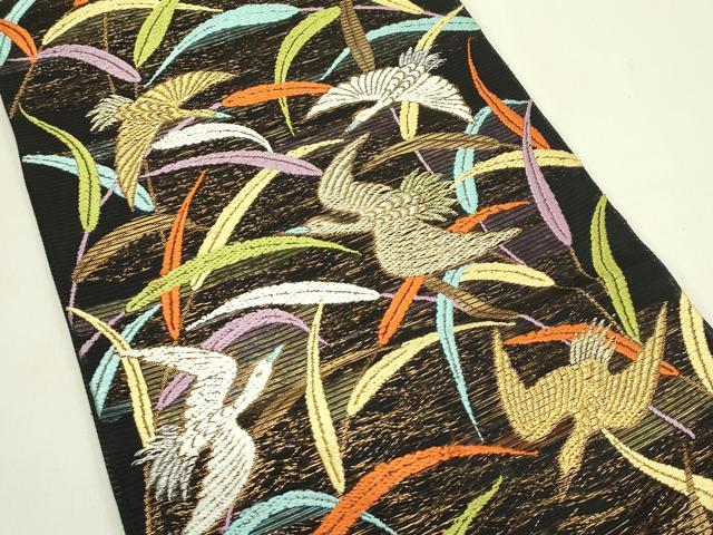 平和屋着物*夏物 六通柄 本袋帯 唐織 飛鶴草木文 黒地 金糸 正絹 逸品 CABJ1839rv