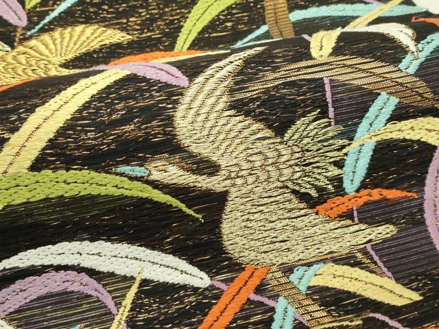 平和屋着物*夏物 六通柄 本袋帯 唐織 飛鶴草木文 黒地 金糸 正絹 逸品 CABJ1839rv