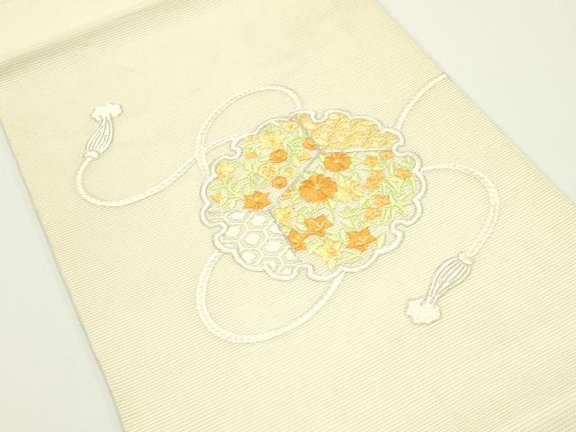 平和屋着物*夏物 九寸開き名古屋帯 総刺繍 駒刺繍 鏡裏草花文 銀糸 正絹 逸品 CABJ1980rv