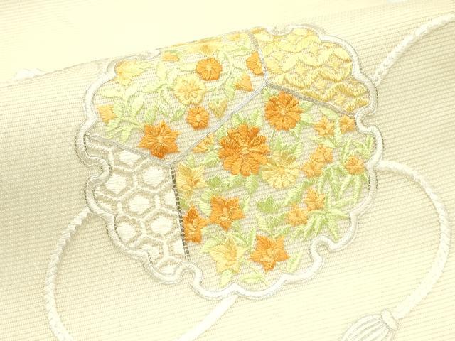 平和屋着物*夏物 九寸開き名古屋帯 総刺繍 駒刺繍 鏡裏草花文 銀糸 正絹 逸品 CABJ1980rv