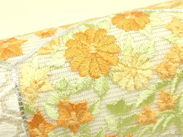 平和屋着物*夏物 九寸開き名古屋帯 総刺繍 駒刺繍 鏡裏草花文 銀糸 正絹 逸品 CABJ1980rv