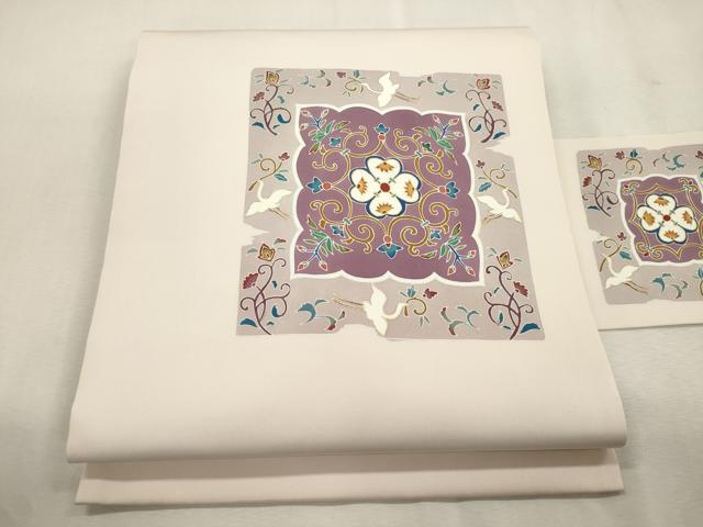 平和屋着物●塩瀬 九寸名古屋帯 破れ色紙飛鳥花文 金彩 正絹 逸品 CABJ2029dy